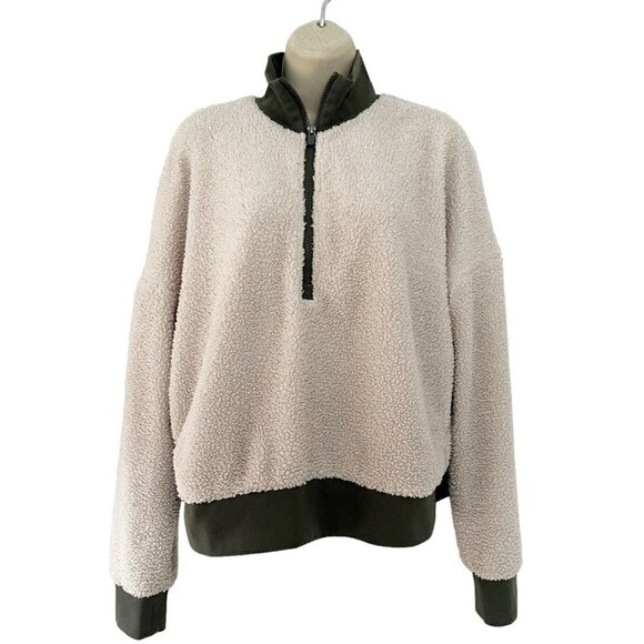 Fabletics Women's Sz M Katarina Cream & Green Half Zip Pullover Teddy Jacket - Picture 2 of 7